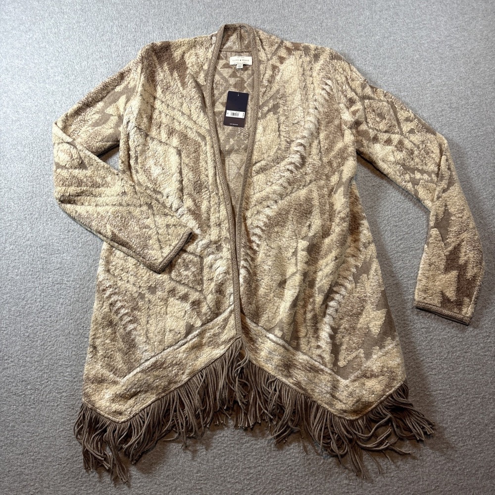 Lucky Brand open-front cardigan geometric Aztec Fringed Hem Women's Sz XS NEW!